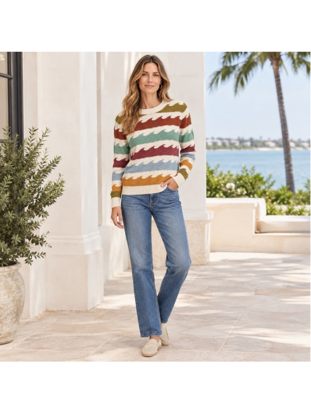 Faherty Womens Organic Cotton Knit Sweater Multicolor Wave Intarsia Coastal S